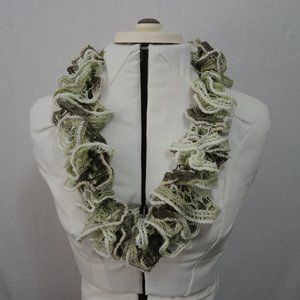 Crochet Style Ruffled Scarf Green & Cream Circular Short Infinity Style
